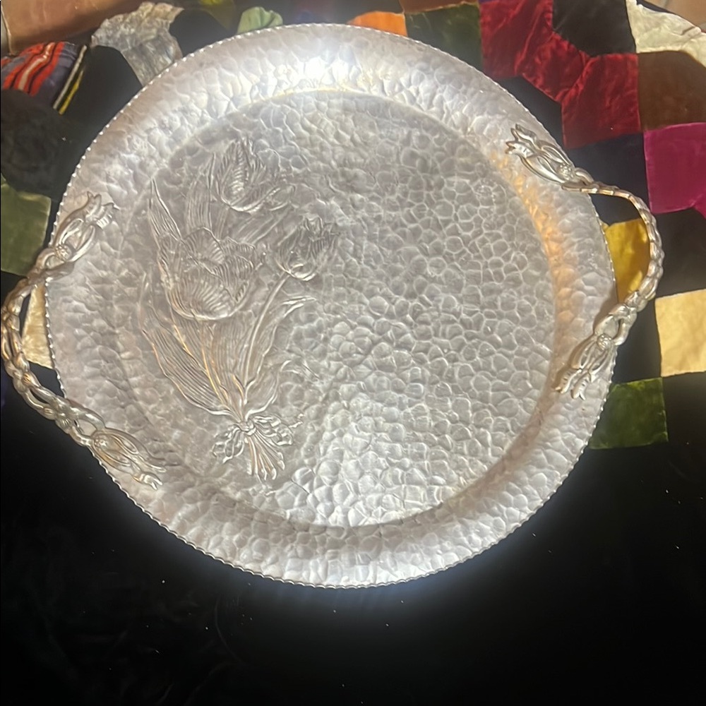 VTG 14" Hammered Hand-Wrought Aluminum Tray with Handles Rodney Kent